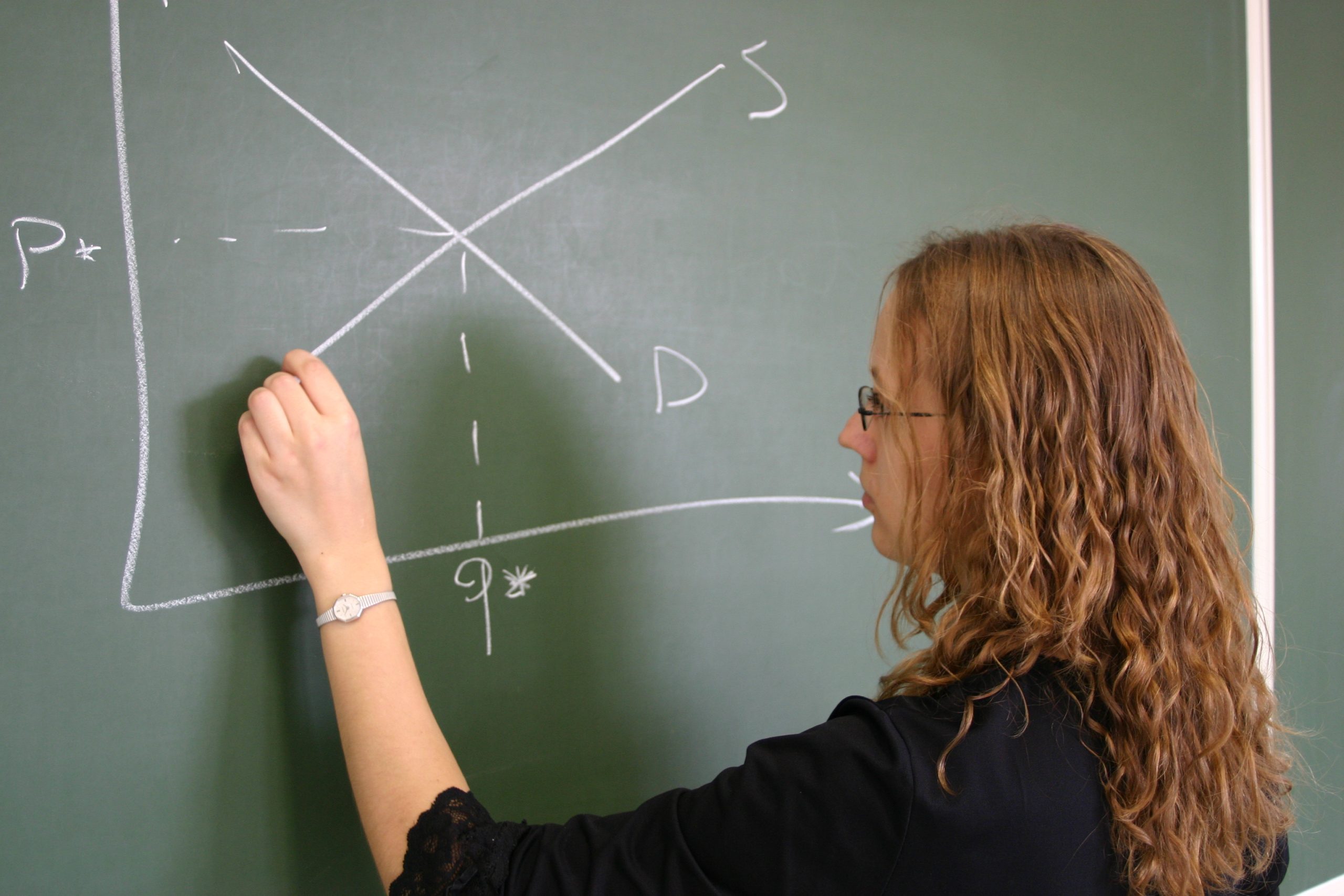 woman drawing graph on chalkboard